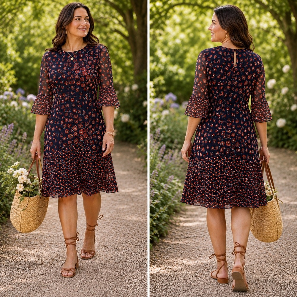 L.K. Bennett Silk Floral Fit Flare Dress US 12 UK 16 Navy Coral Knee Length NWT